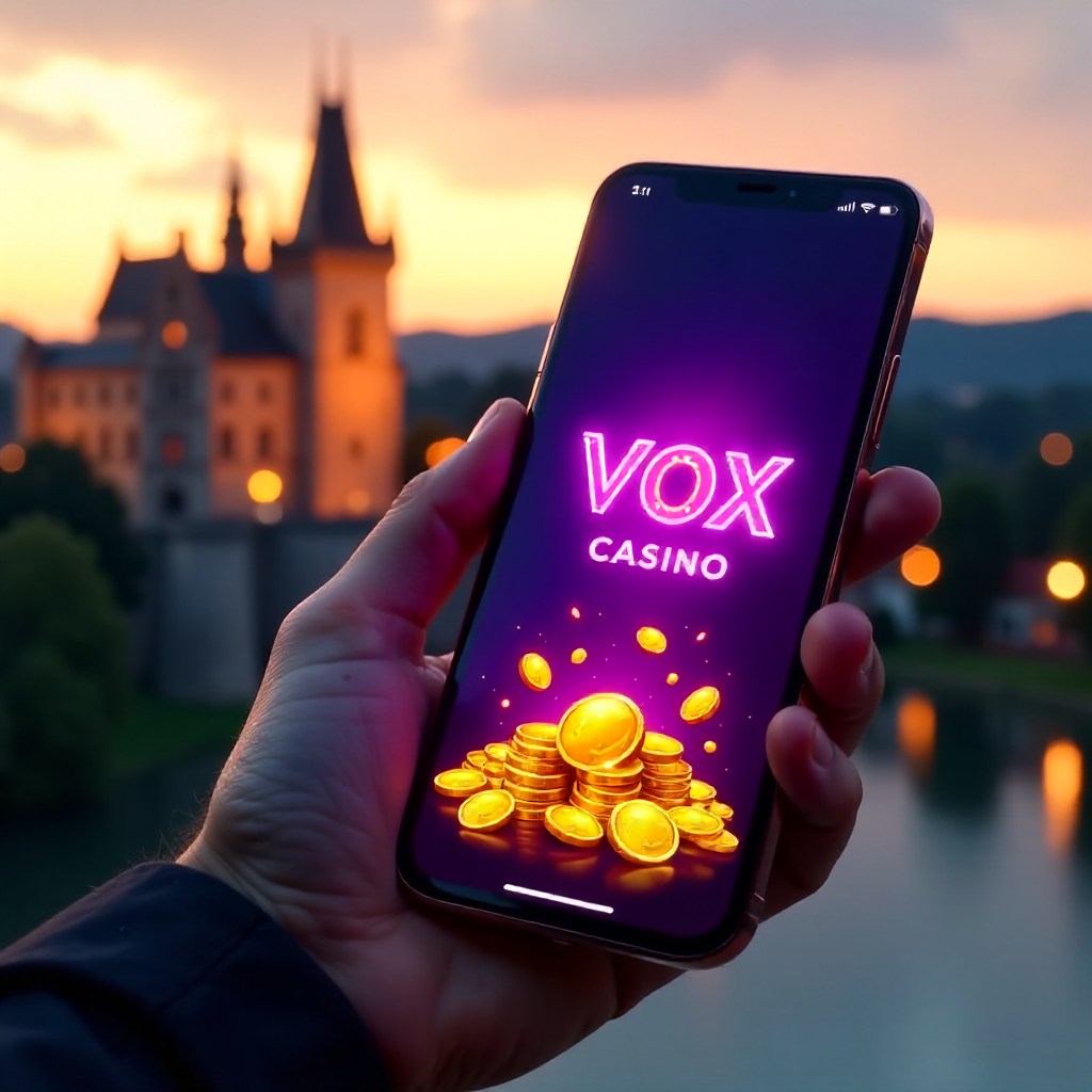 A hand holding a premium smartphone showing Vox Casino app, background featuring the Wawel Royal Castle in Krakow at golden hour, official brand neon purple and deep black colors, 3D golden coins and neon slot symbols flying out of the screen, hyper-reali